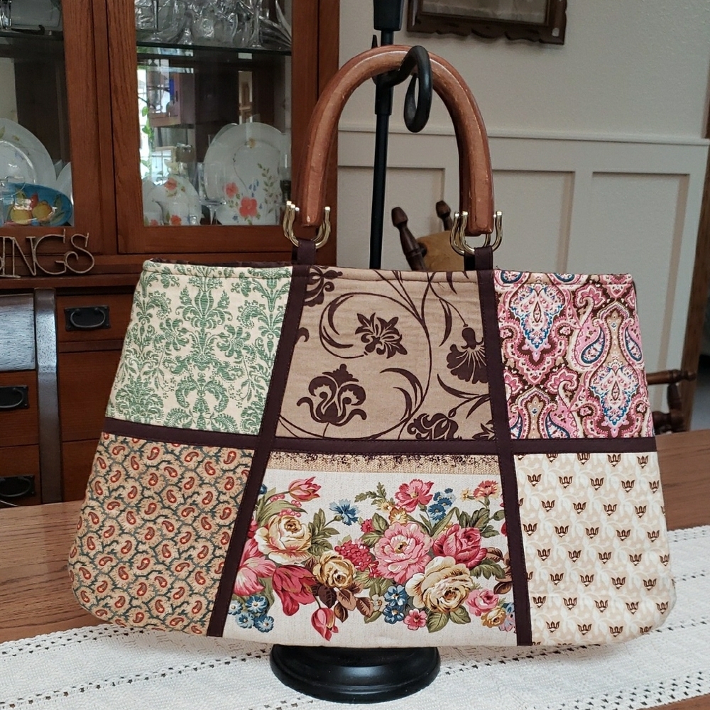 Patchwork Tote Bag with Brown Wooden  Handles Gold Hardware